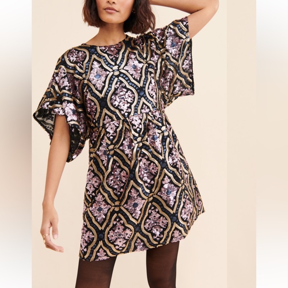 NWT By Anthropologie Amalia Sequined Tunic Dress Black Motif Women’s XS